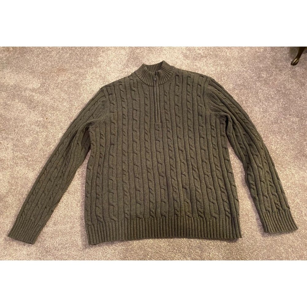 Izod Mens Cable Knit Sweater Crew Neck Olive Gray  XL